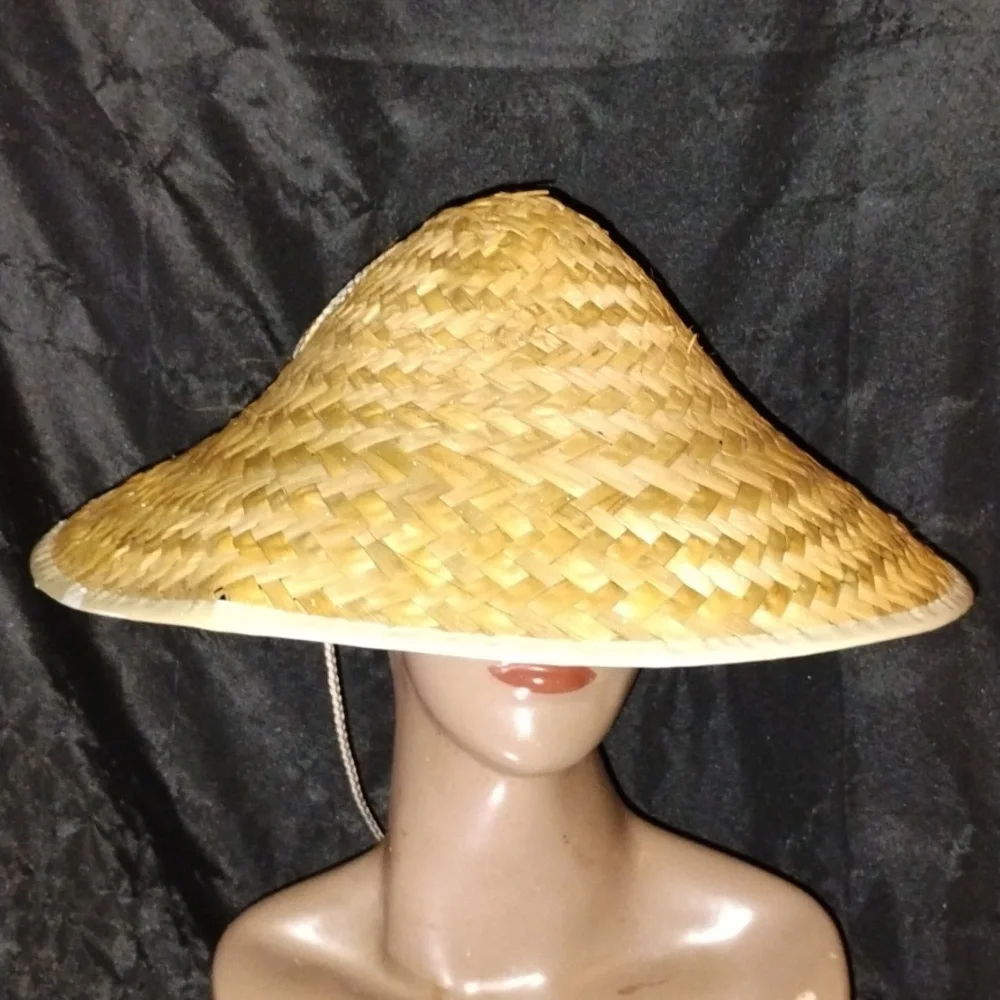 Vintage Tan Woven Straw Conical Hat